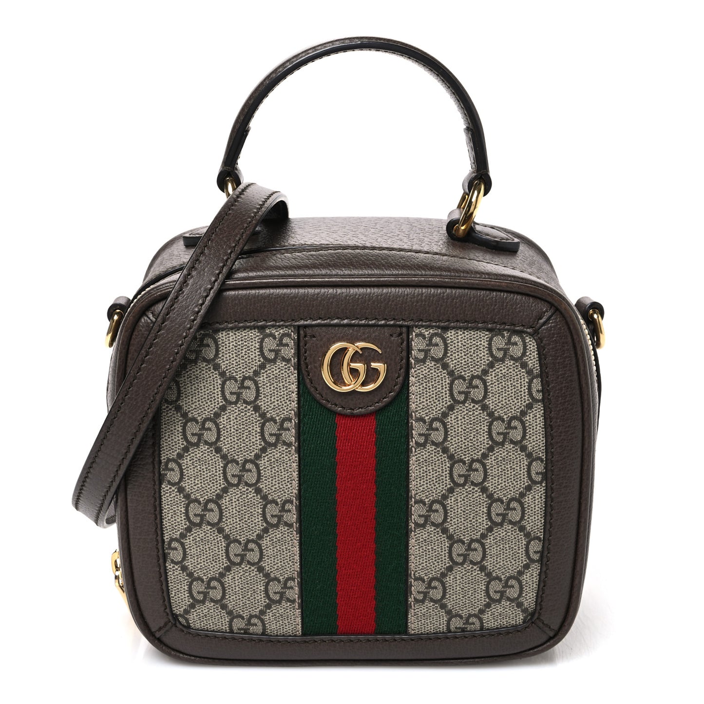 GG Supreme Monogram Textured Dollar Calfskin Mini Ophidia Top Handle Square Shoulder Bag Beige Ebony New Acero