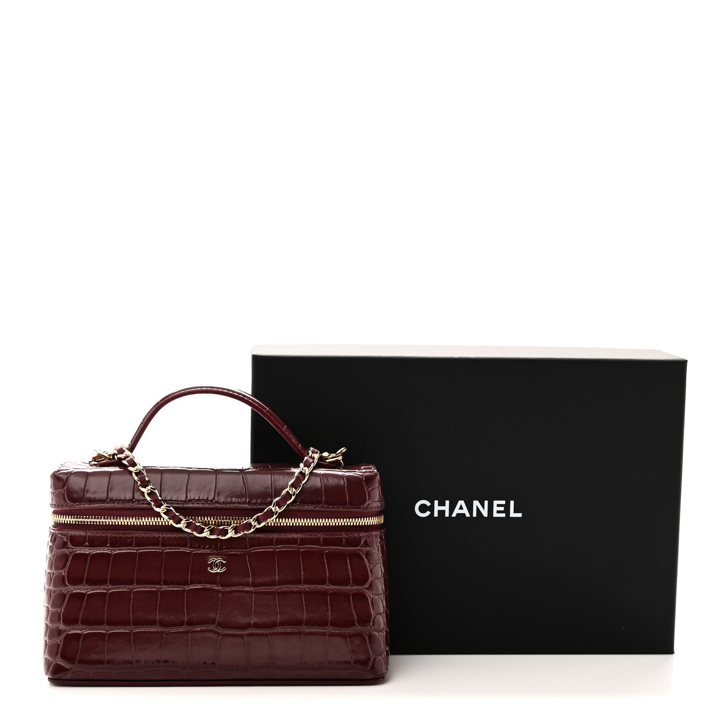Calfskin Crocodile Embossed Crococo Top Handle Slim Vanity Case With Chain Dark Burgundy