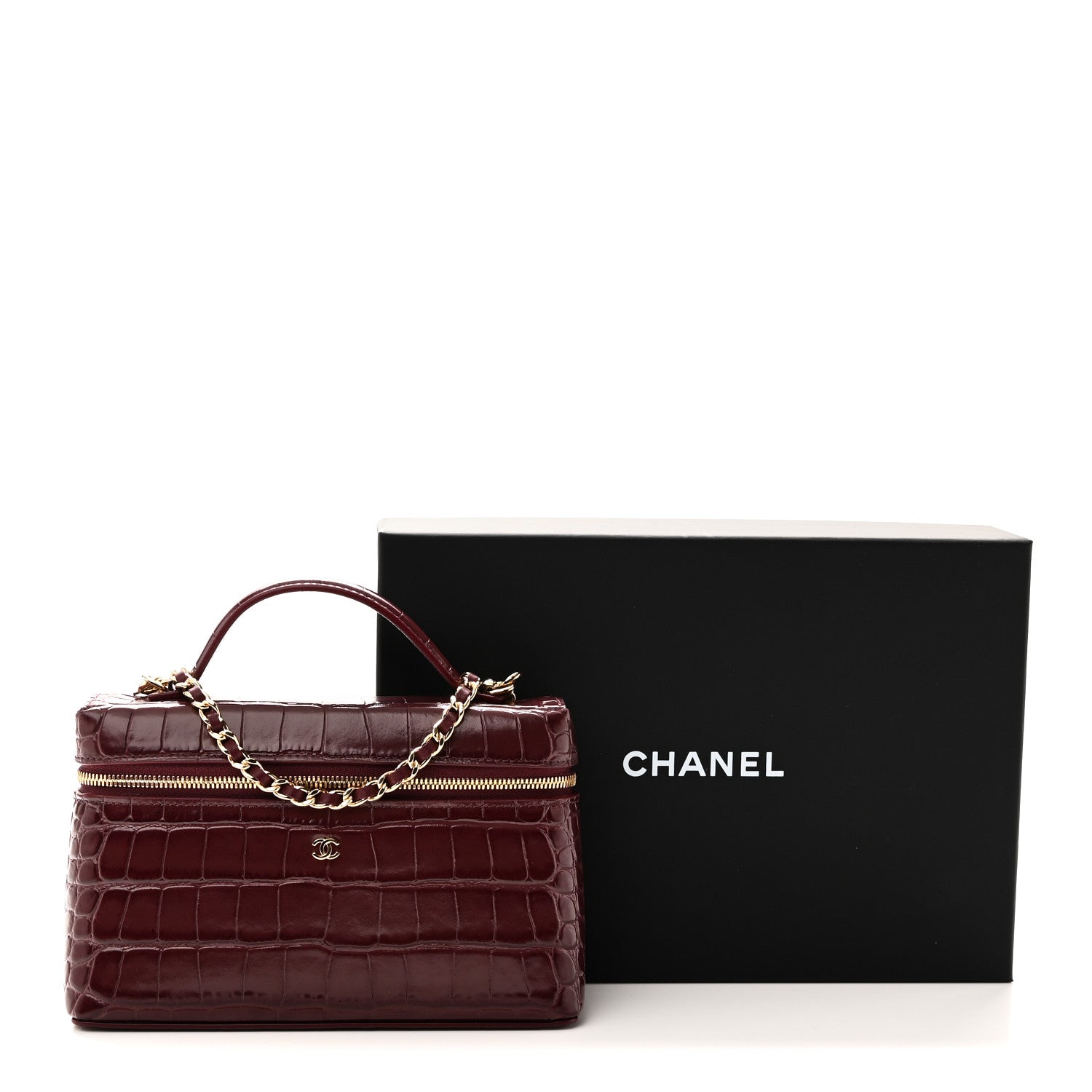Chanel Calfskin Crocodile Embossed Crococo Top Handle Slim Vanity Case With Chain Dark Burgundy 11 of 11