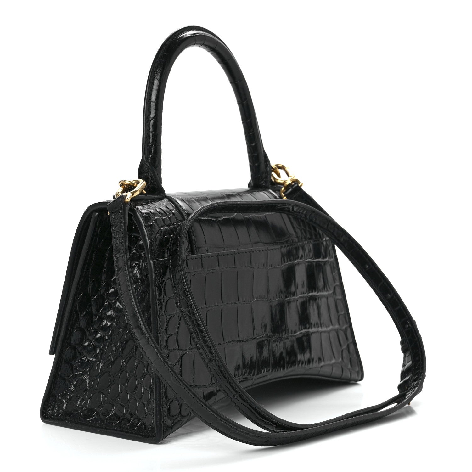 Balenciaga Shiny Calfskin Crocodile Embossed Small Hourglass Top Handle Bag Black 3 of 13