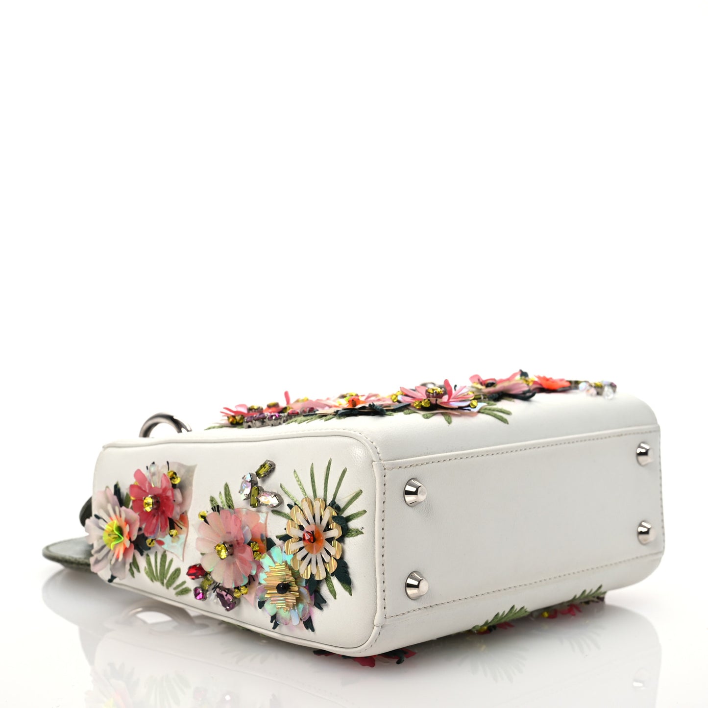 Lizard Satin Beaded Floral Embroidered Mini Lady Dior White Green Multicolor