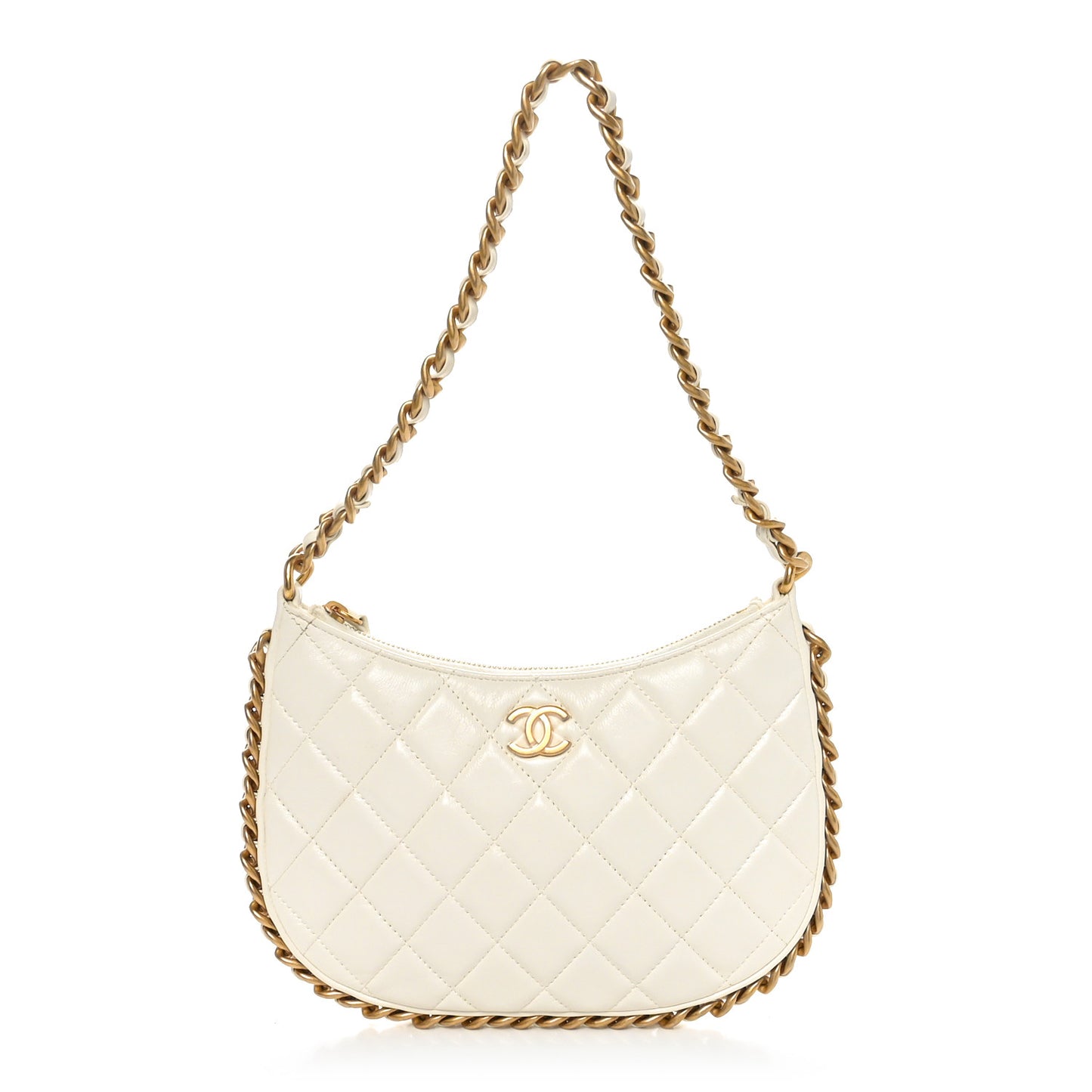 Shiny Crumpled Lambskin Quilted Chain Around Hobo White