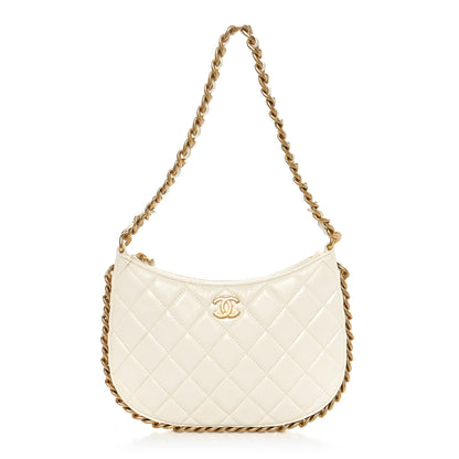 Chanel Shiny Crumpled Lambskin Quilted Chain Around Hobo White 1 of 10