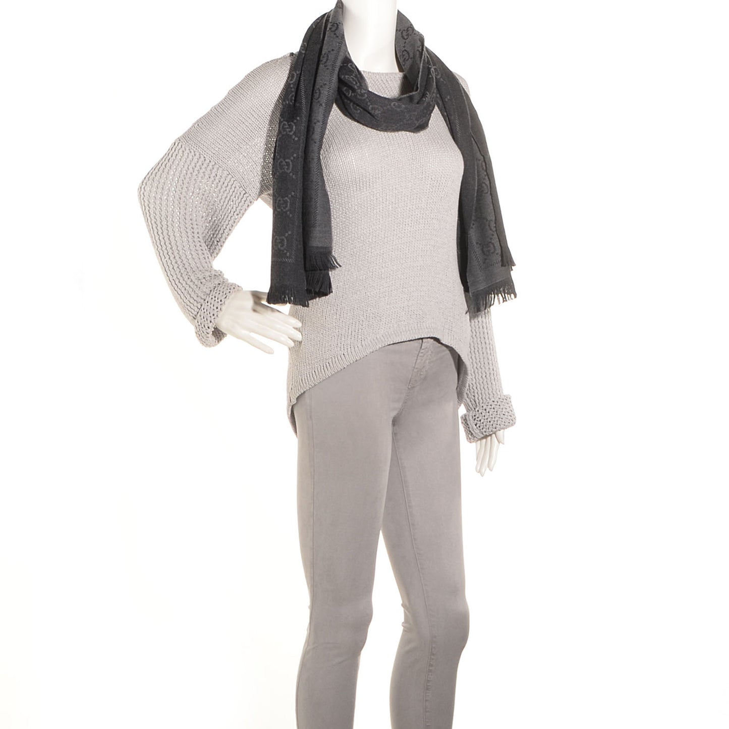 Wool Monogram Fringe Scarf Anthracite Black