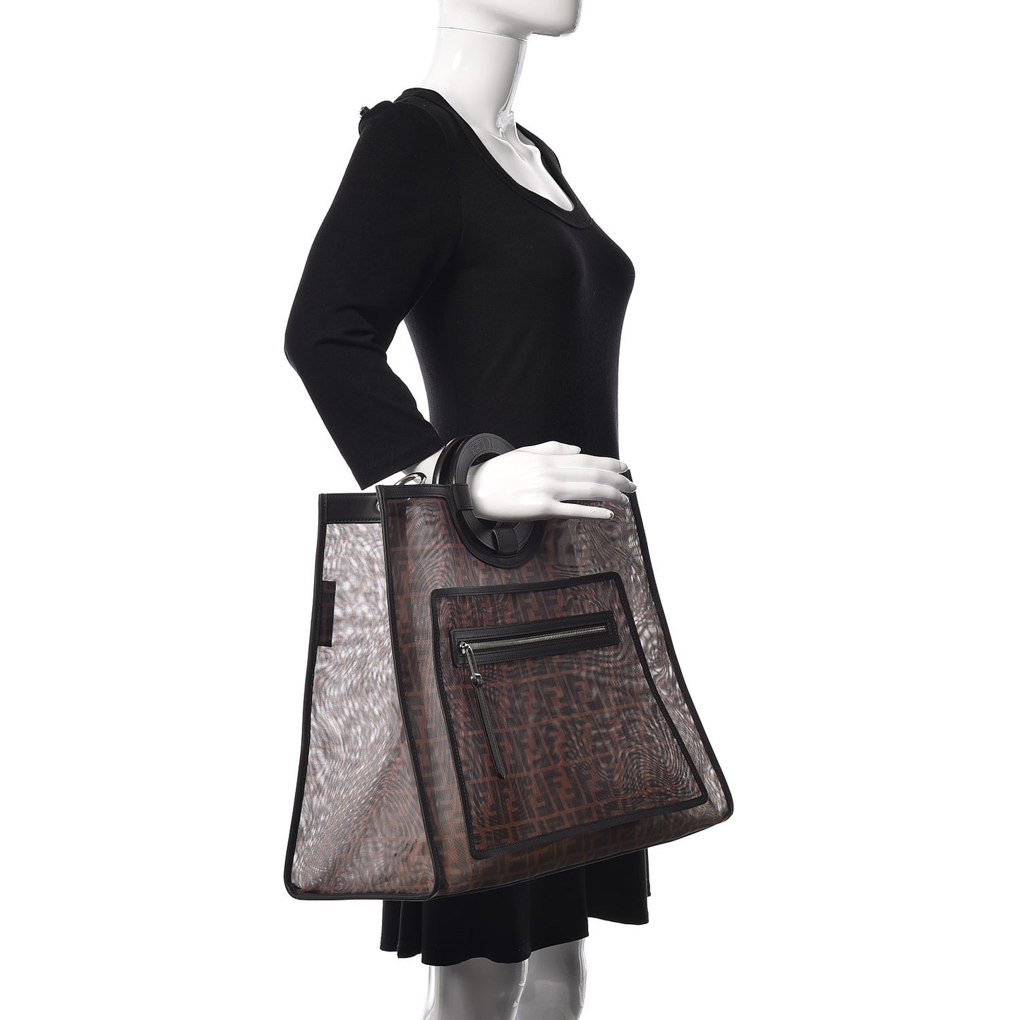 Mesh Vitello Century Cuoio FF 1974 Large Runaway Shopper Tote Marrone Black Ebano