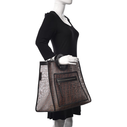 Fendi Mesh Vitello Century Cuoio FF 1974 Large Runaway Shopper Tote Marrone Black Ebano 2 of 9
