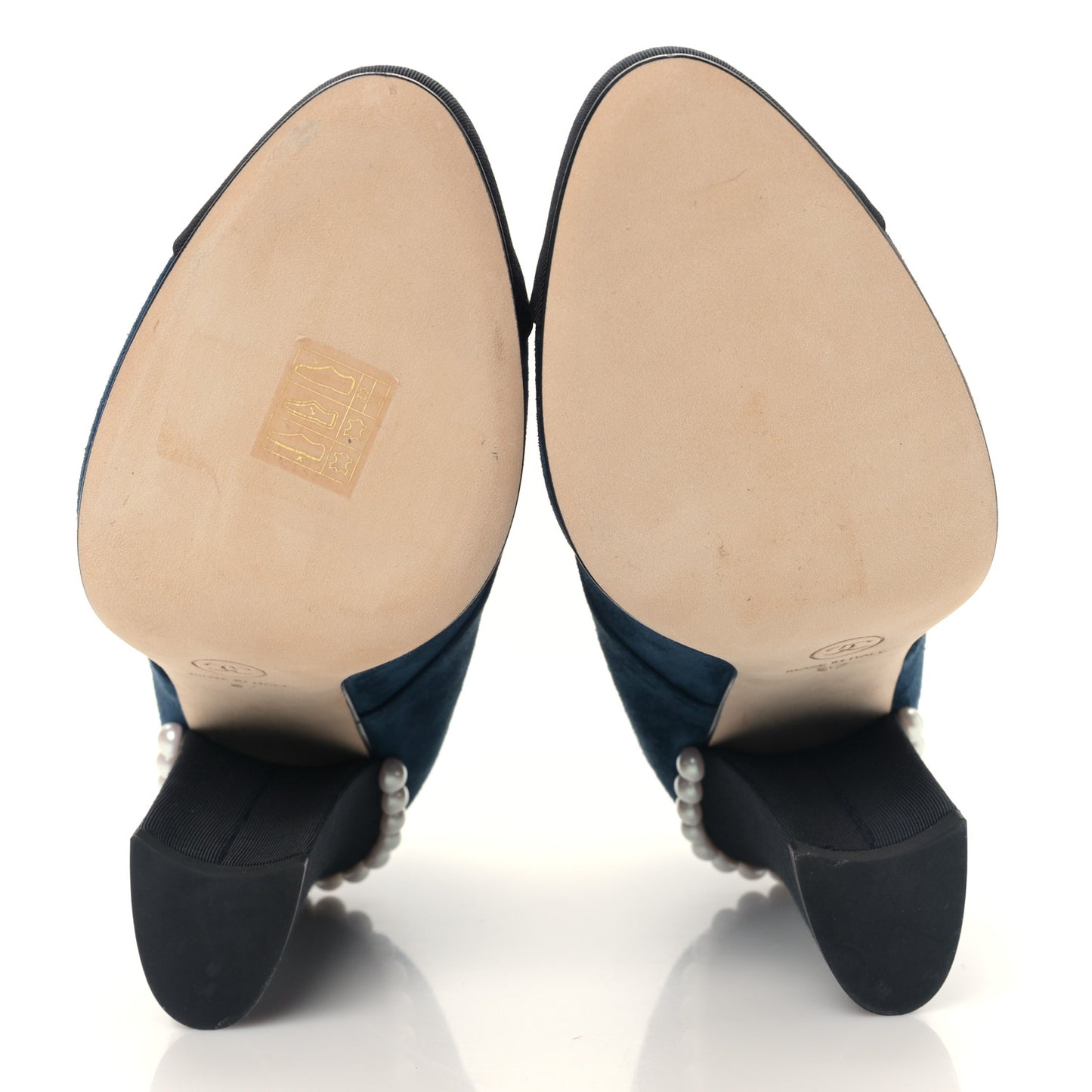 Suede Grosgrain Pearl Lace Up Booties 37 Dark Blue Black
