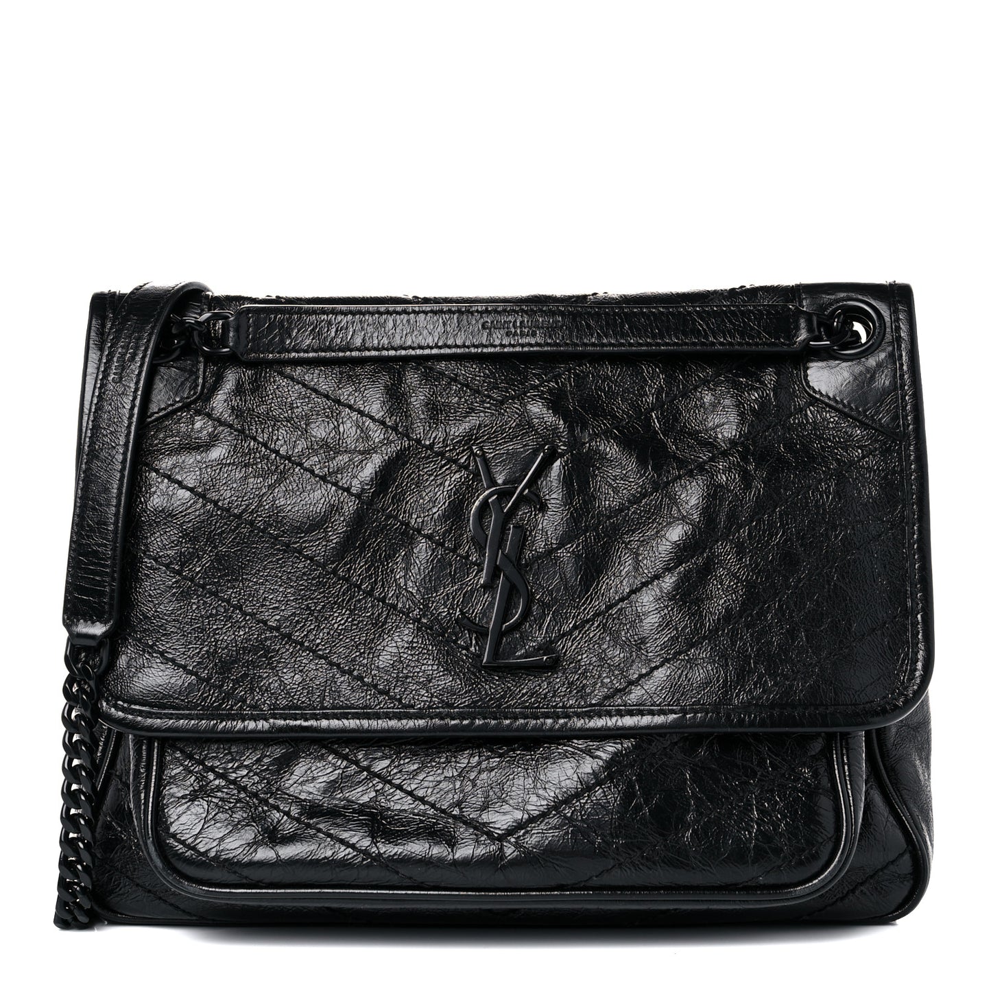 Crinkled Calfskin Matelasse Monogram Medium Niki Chain Satchel Black