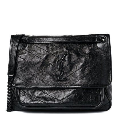 Saint Laurent Crinkled Calfskin Matelasse Monogram Medium Niki Chain Satchel Black 1 of 11