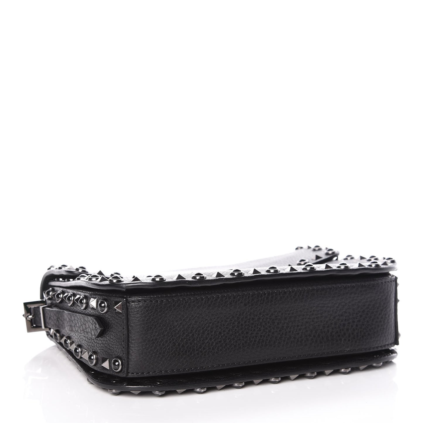 Pebbled Calfskin Onyx Medium Rockstud Rolling Flap Saddle Bag Black