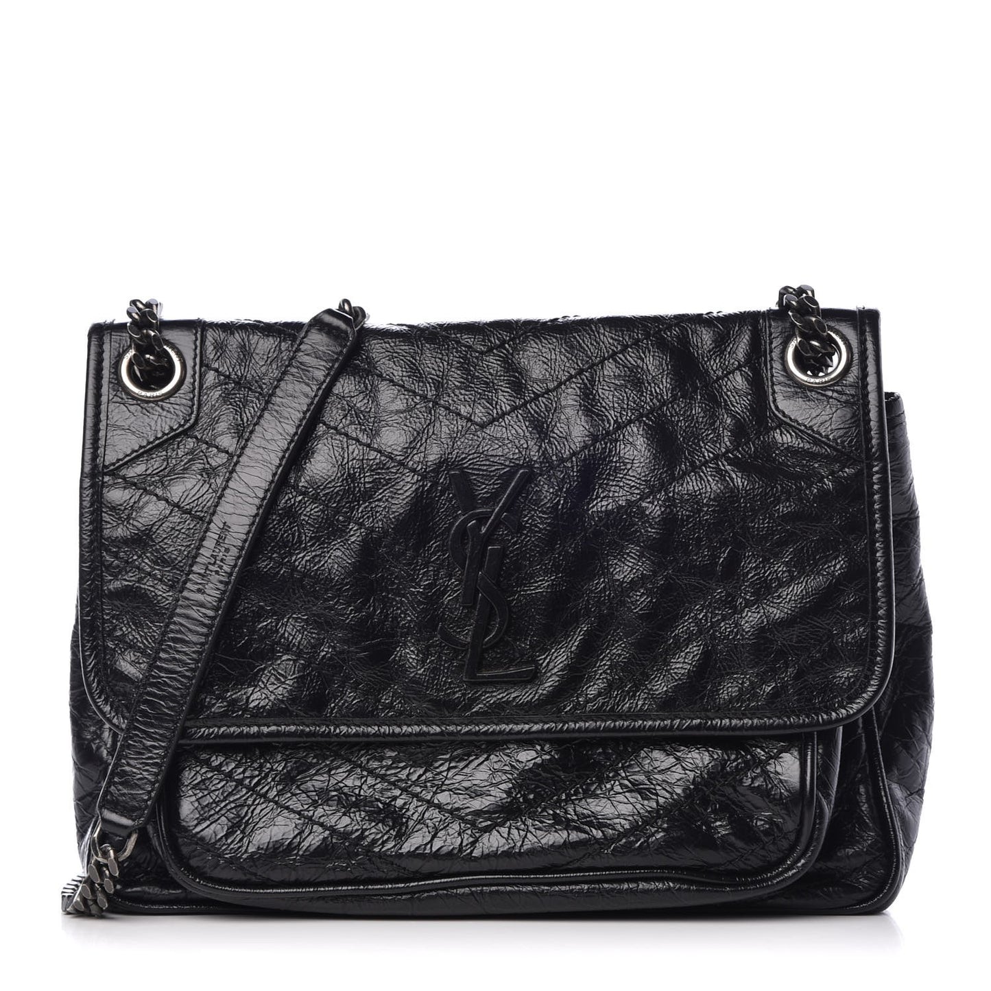 Crinkled Calfskin Matelasse Medium Niki Chain Satchel Black