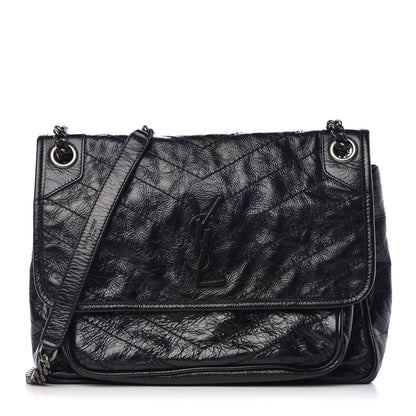 Saint Laurent Crinkled Calfskin Matelasse Medium Niki Chain Satchel Black 1 of 9