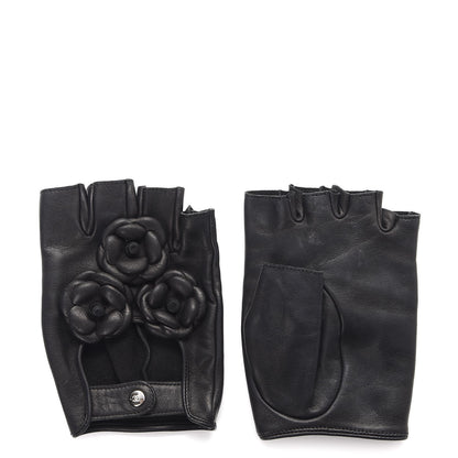 Chanel Lambskin Camellia Fingerless Gloves 8 Black 1 of 5
