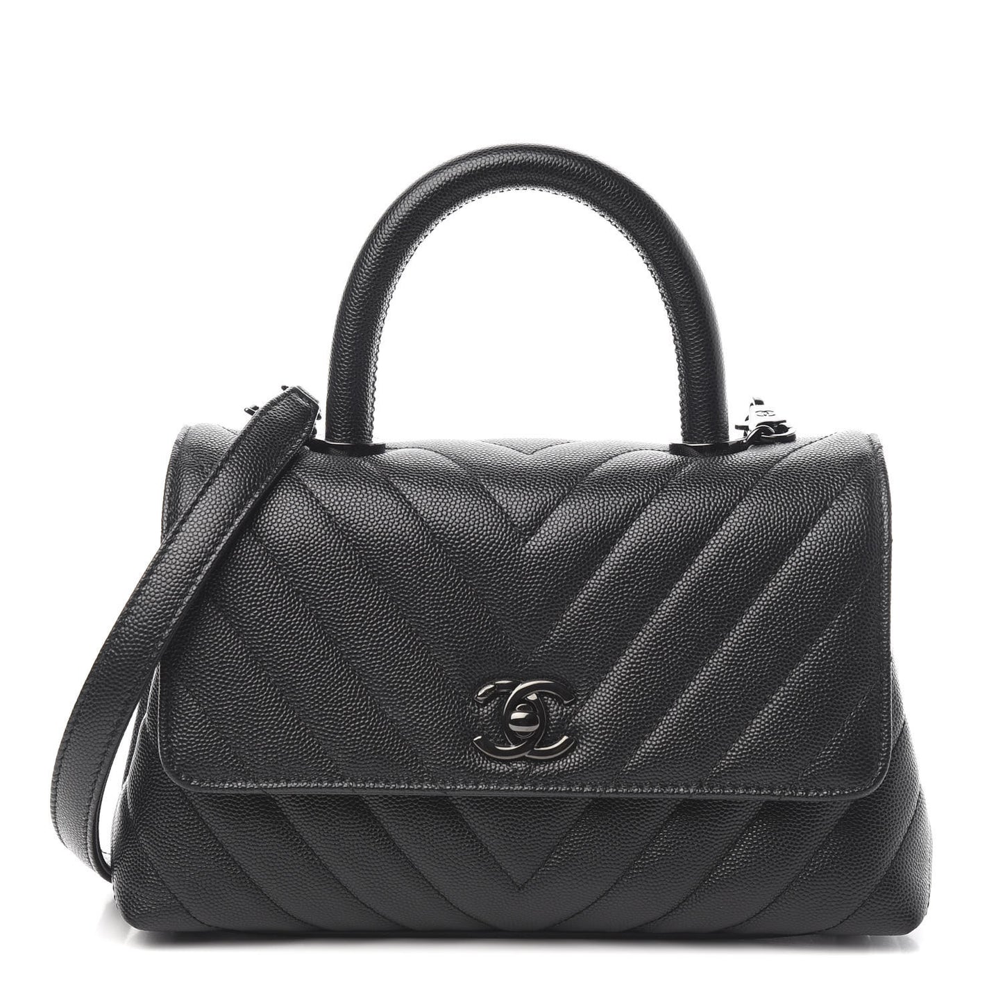 Caviar Chevron Quilted Mini Coco Handle Flap So Black