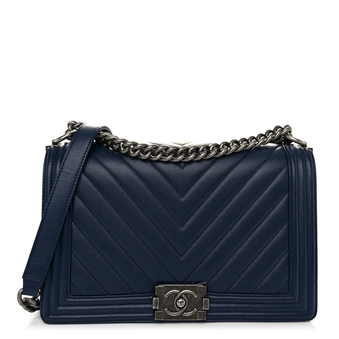 Caviar Chevron Quilted New Medium Boy Flap Dark Navy Blue
