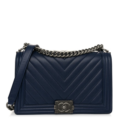 Chanel Caviar Chevron Quilted New Medium Boy Flap Dark Navy Blue 1 of 11