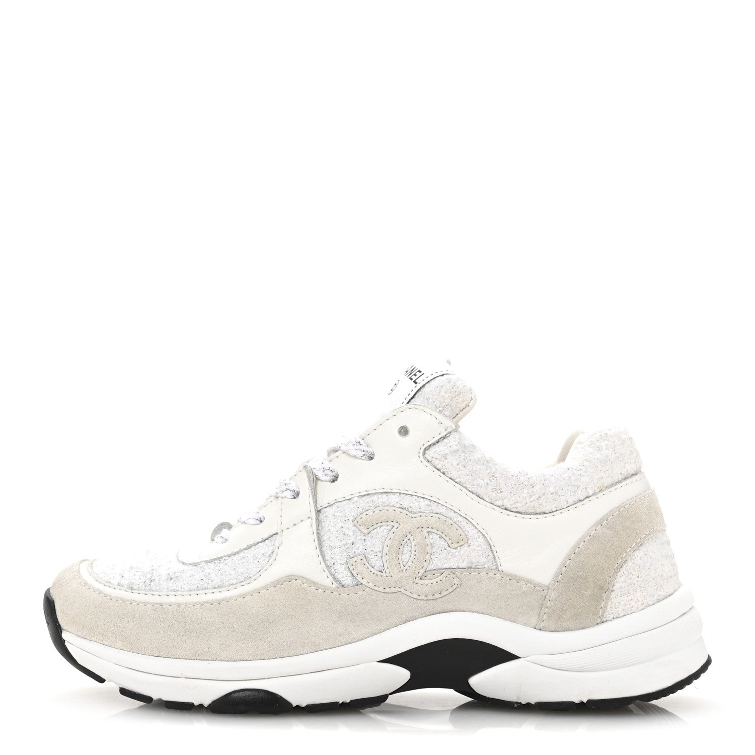 Chanel Painted Iridescent Cotton Tweed Suede Calfskin Womens CC Sneakers 35.5 White Silver Multicolor 1 of 9