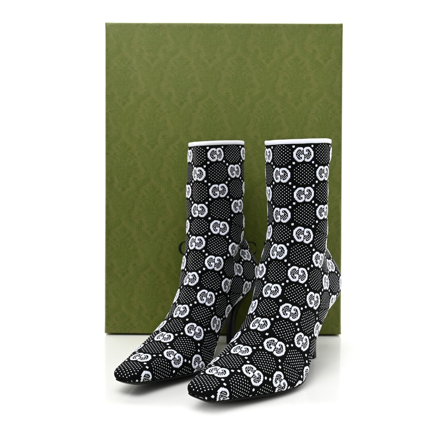 Technical Jersey Knit GG Monogram Square G 75mm Ankle Boots 38 Black Great White