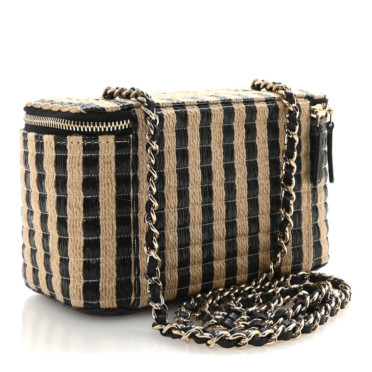 Chanel Raffia Jute Striped Small Vanity Case With Chain Black Beige 3 of 10