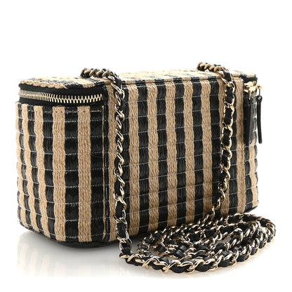 Chanel Raffia Jute Striped Small Vanity Case With Chain Black Beige 3 of 10