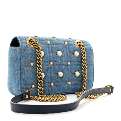 Gucci Denim Matelasse Pearl Studded Mini GG Marmont Shoulder Bag Blue 3 of 11