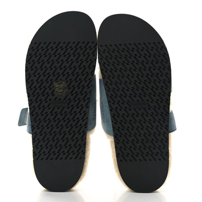 Hermes Suede Goatskin Woolskin Womens Chypre Sandals 40.5 Bleu Pinede Ecru 5 of 8