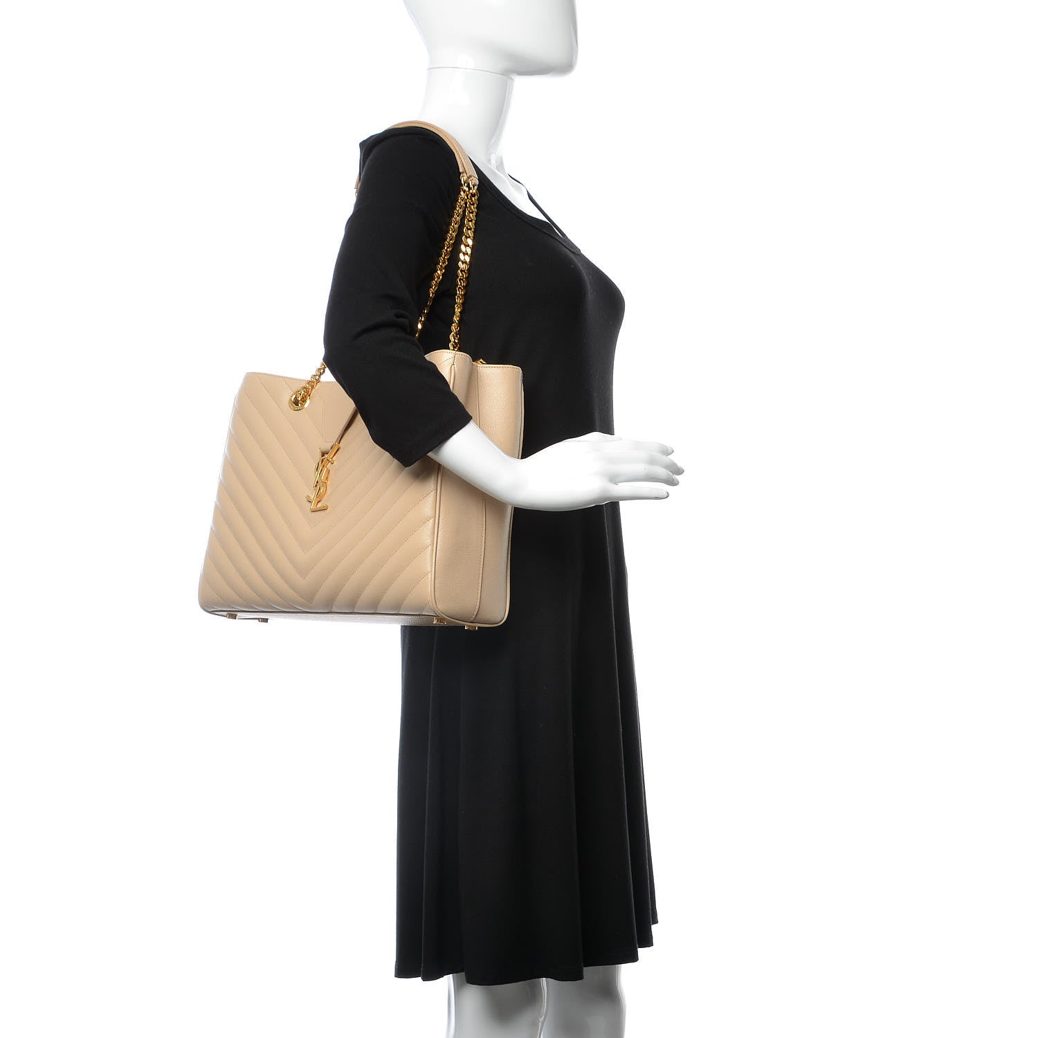 Saint Laurent Grain De Poudre Matelasse Chevron Monogram Shopping Bag Dark Beige 2 of 9