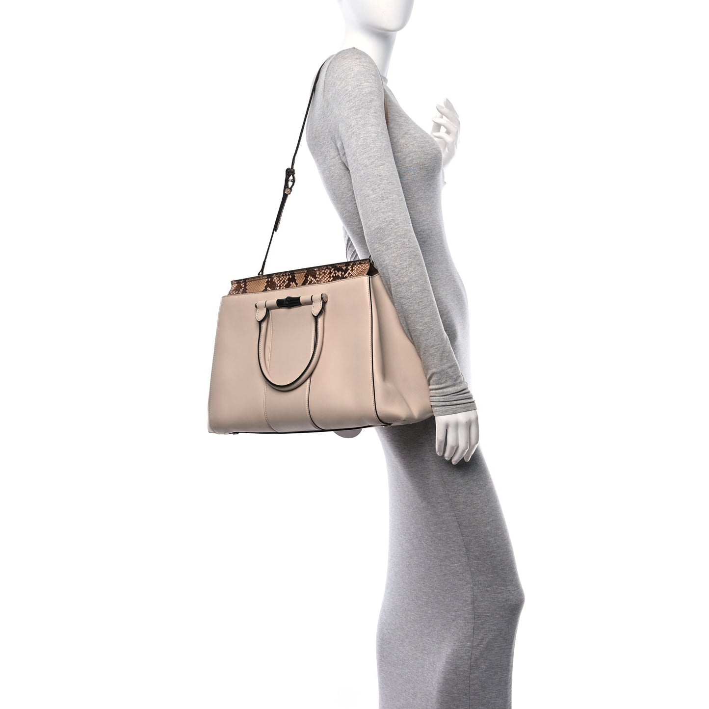 Calfskin Snakeksin Lady Bamboo Top Handle Bag Nude
