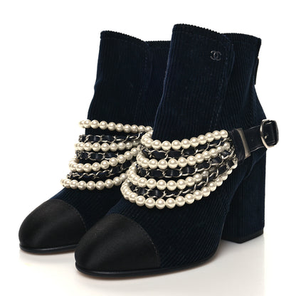 Chanel Velvet Satin Cap Cap Toe Short Boots 36 Navy Black 3 of 7
