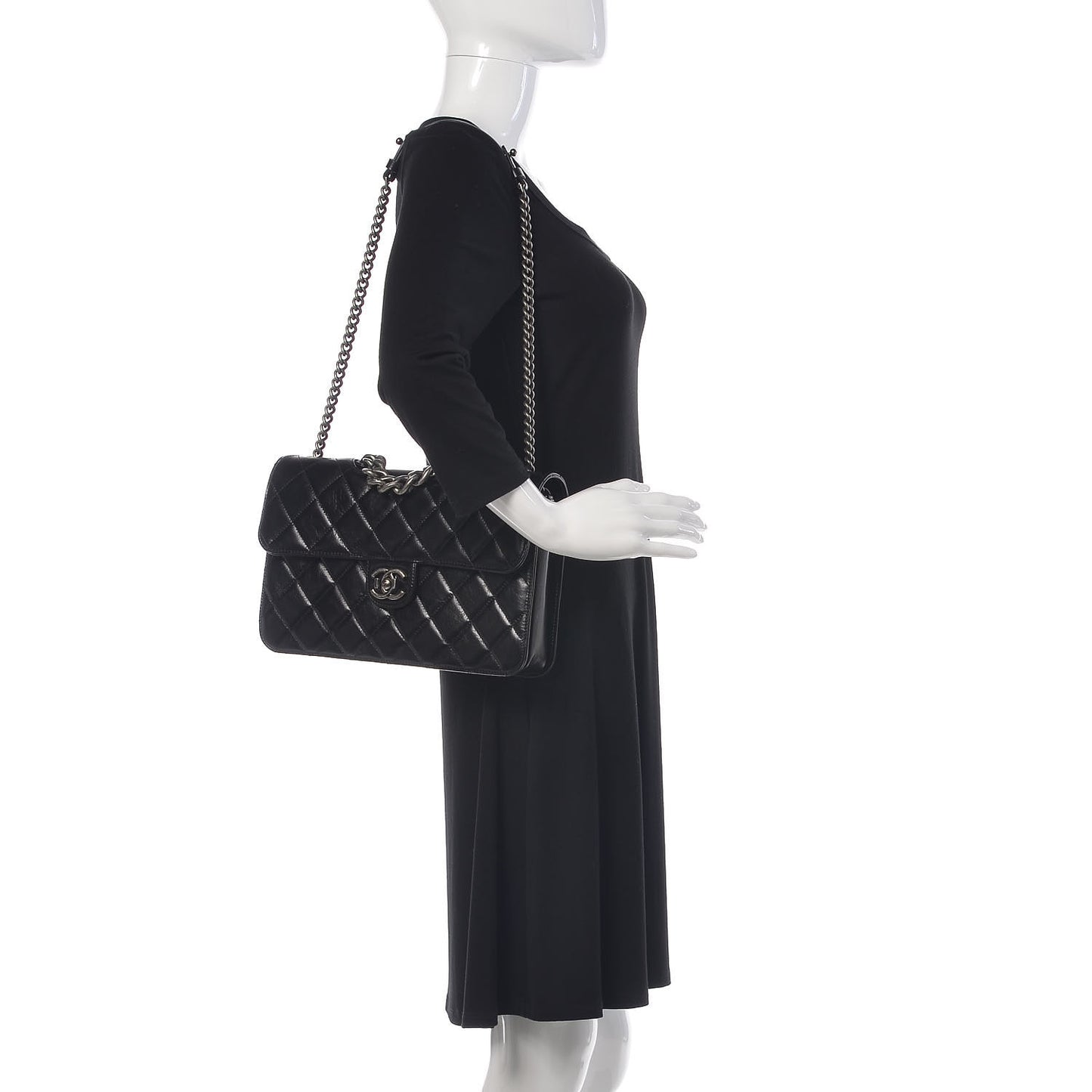 Glazed Calfskin Quilted Large Perfect Edge Flap Black