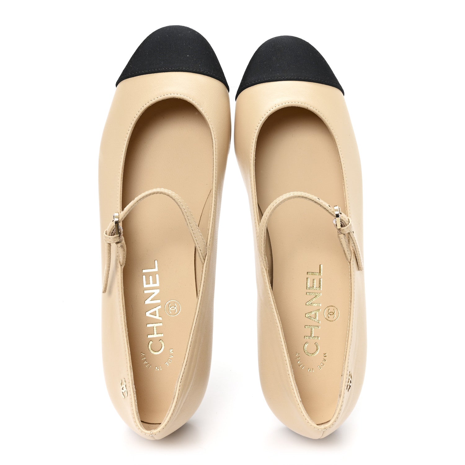 Chanel Goatskin Grosgain Cap Toe Pearl Mary Jane Flats 36.5 Beige