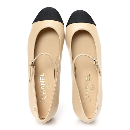 Chanel Goatskin Grosgain Cap Toe Pearl Mary Jane Flats 36.5 Beige Black 2 of 9