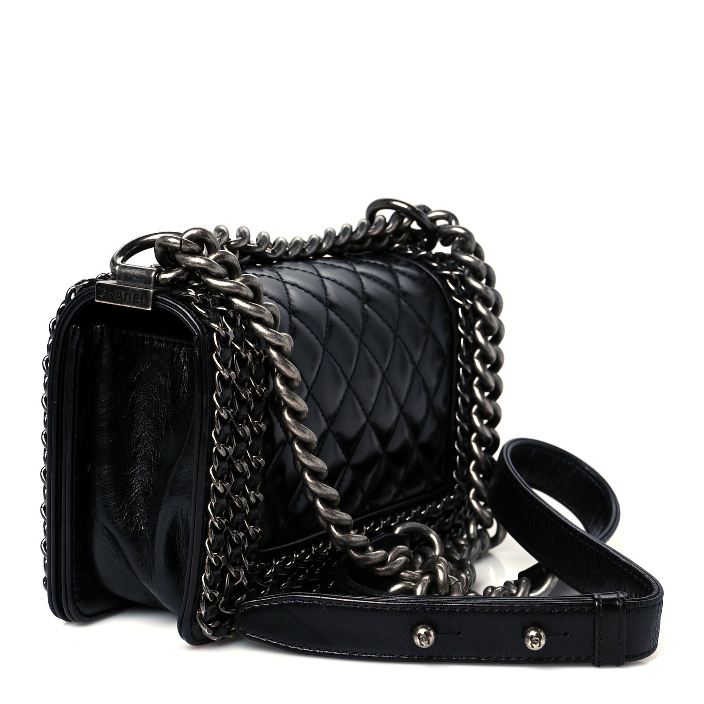 Glazed Calfskin Quilted Small Boy Chained Flap Black
