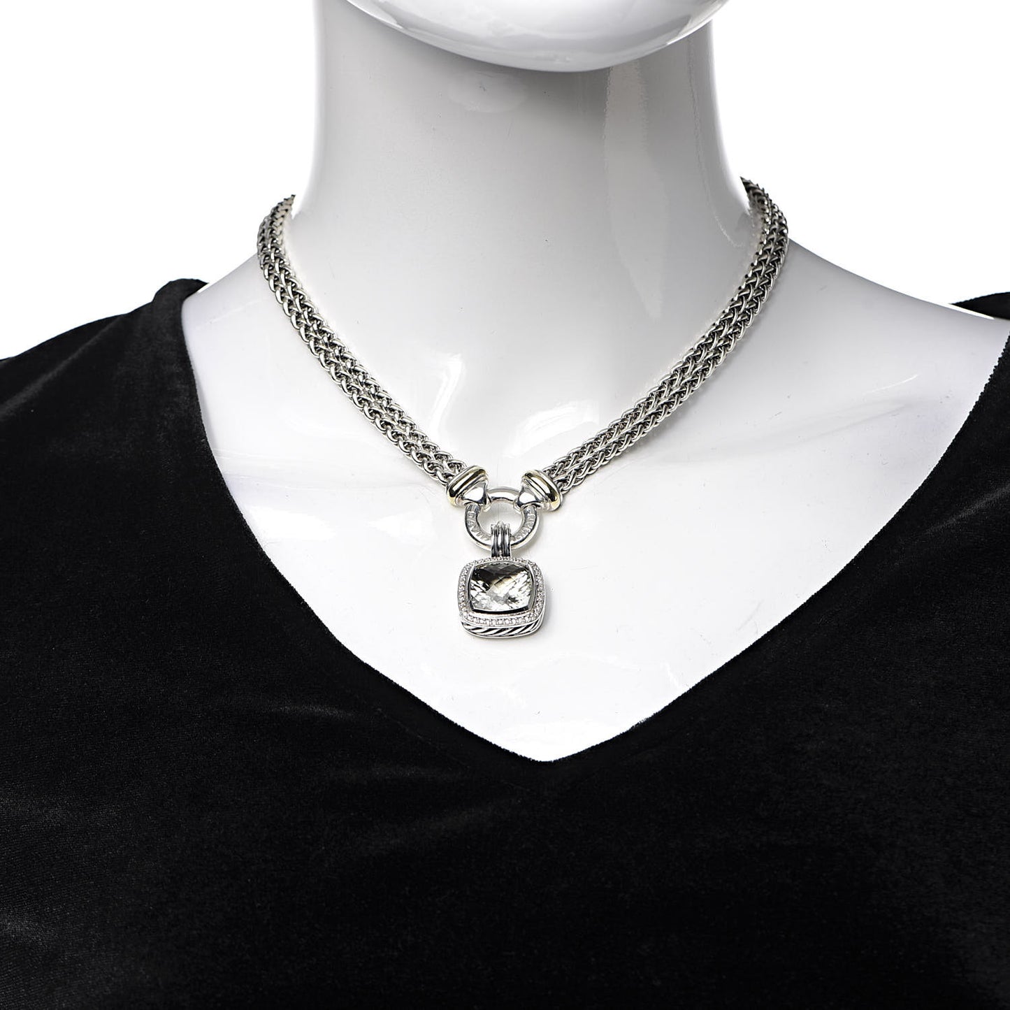 Sterling Silver 18K Yellow Gold Diamond Prasiolite 14mm Albion Wheat Chain Pendant Necklace
