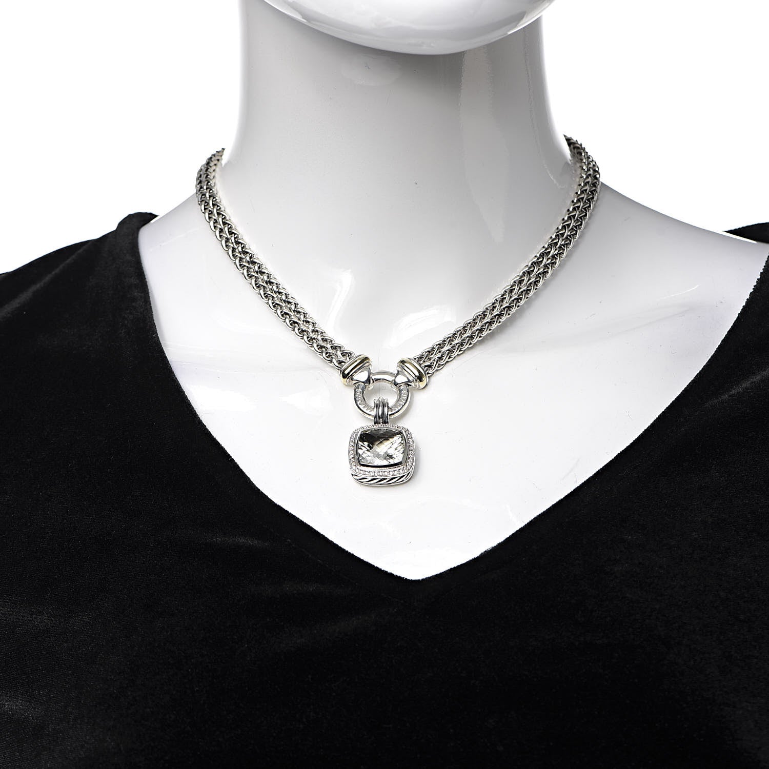 David Yurman Sterling Silver 18K Yellow Gold Diamond Prasiolite 14mm Albion Wheat Chain Pendant Necklace 2 of 6