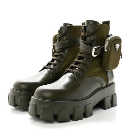 Prada Spazzolato Rois Re-Nylon Metal Triangle Logo Monolith Pouch Pocket 60mm Combat Boots 37.5 Militare 3 of 11