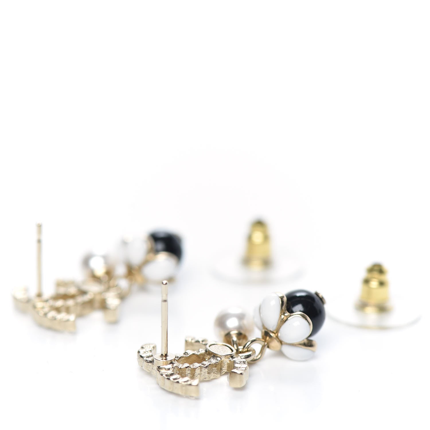 Chanel Crystal Bead Pearl CC Drop Earrings Gold White Black 3 of 5
