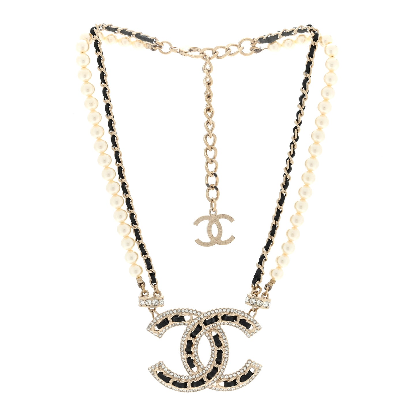 Crystal Pearl Lambskin CC Chain Choker Gold Black