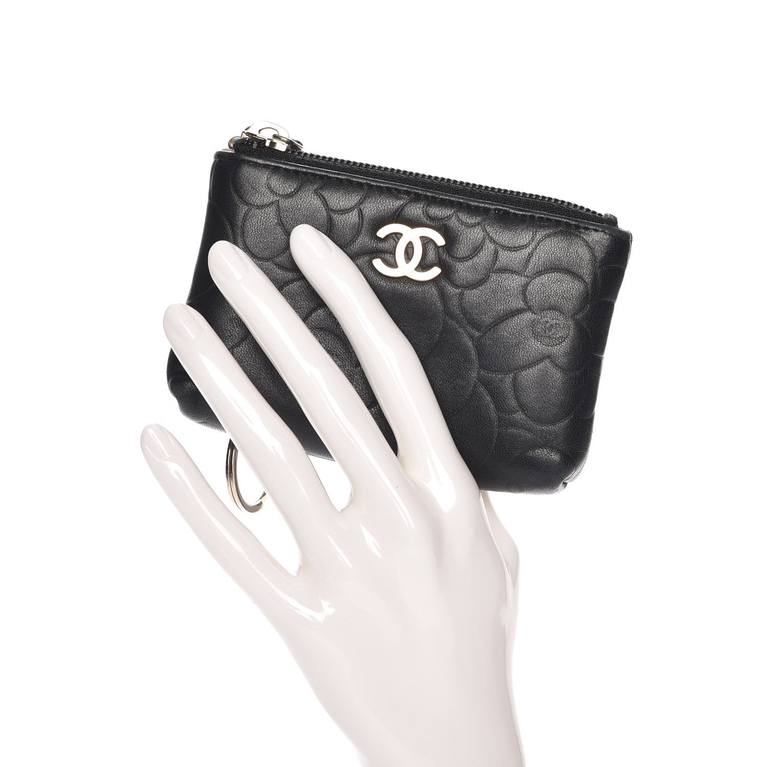 Chanel Lambskin Camellia Embossed Key Holder Case Black 2 of 8