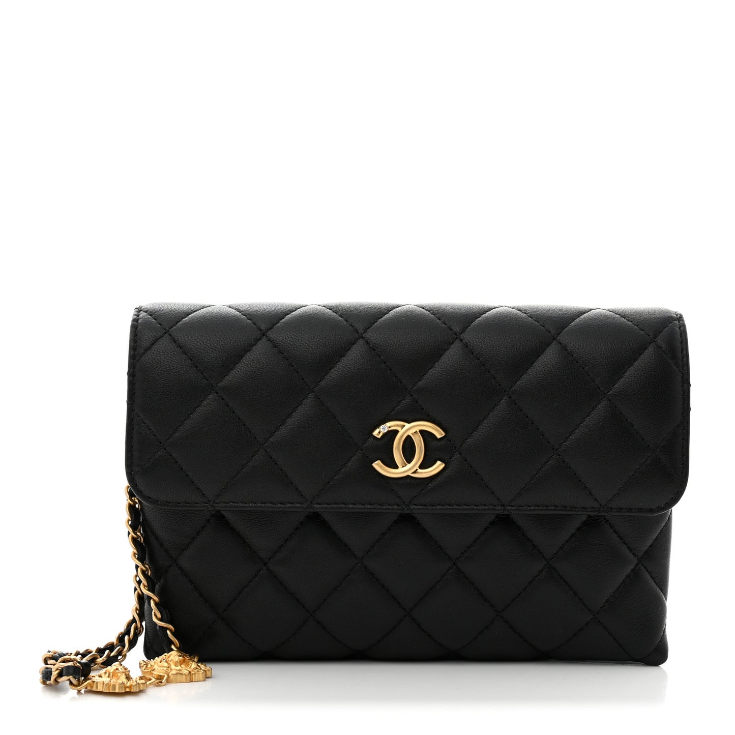 Lambskin Quilted CC Pouch With Handle Black