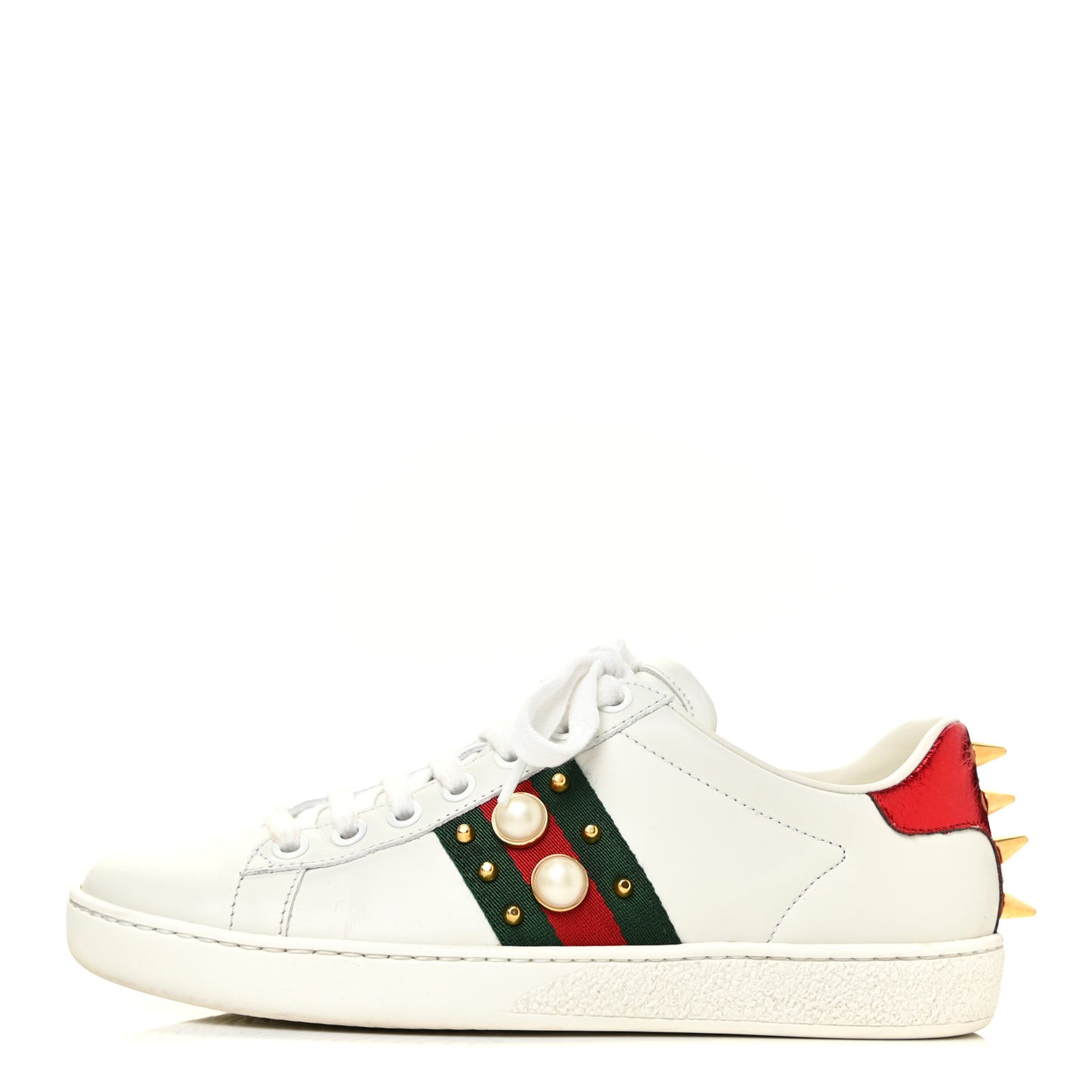 Calfskin Web Pearl Studded Womens Ace Sneakers 35 White