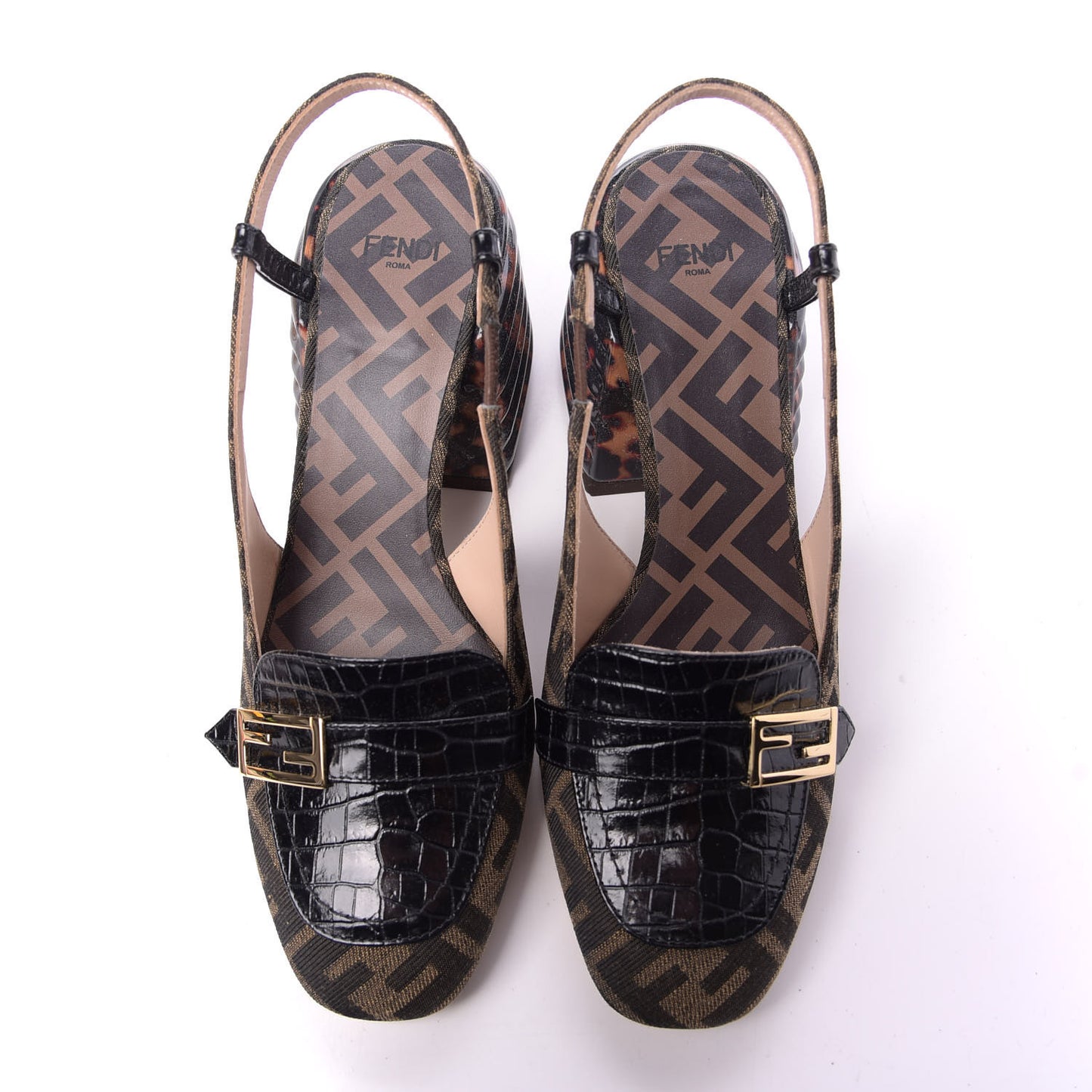 Jacquard Calfskin FF Tortoise Promenade Slingback Loafer Pumps 37.5 Tobacco