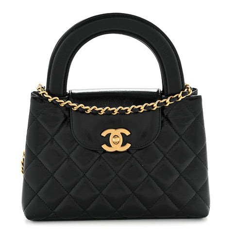 Shiny Aged Calfskin Quilted Nano Kelly Shopper Black