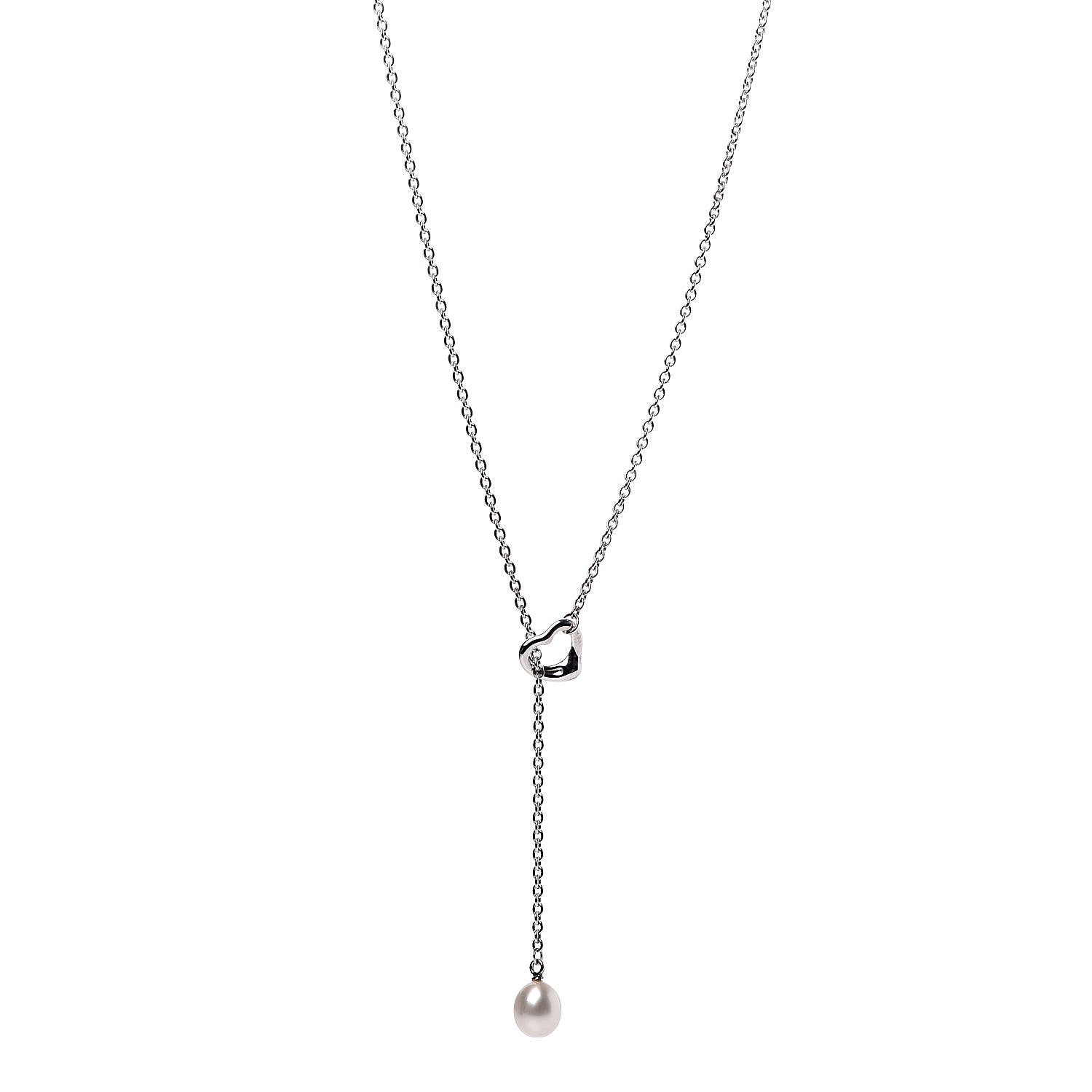 Tiffany Sterling Silver Pearl 9-9.5mm Elsa Peretti Open Heart Lariat Necklace 1 of 5