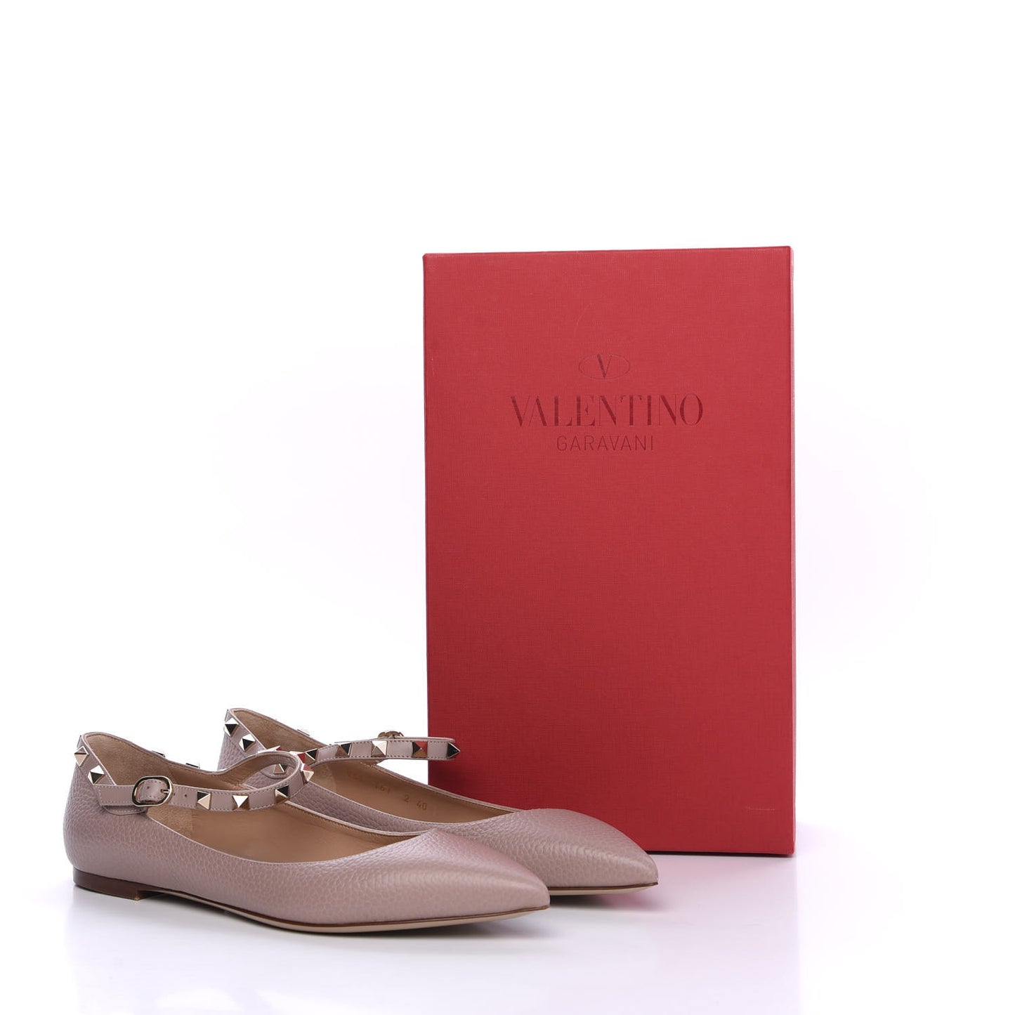 Pebbled Calfskin Rockstud Ankle Strap Ballerina Flats 40 Poudre