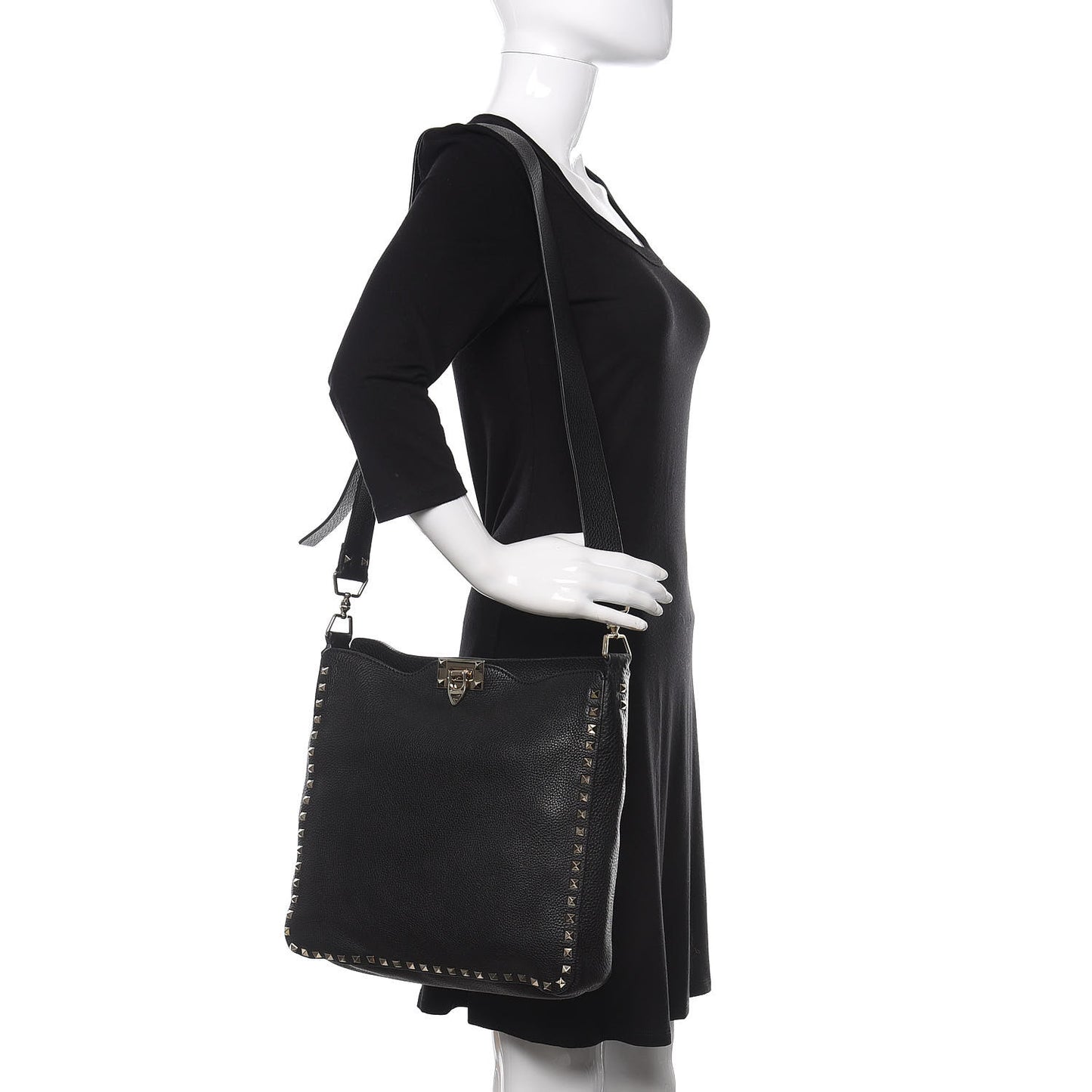 Pebbled Calfskin Large Rockstud Flip-Lock Messenger Bag Black