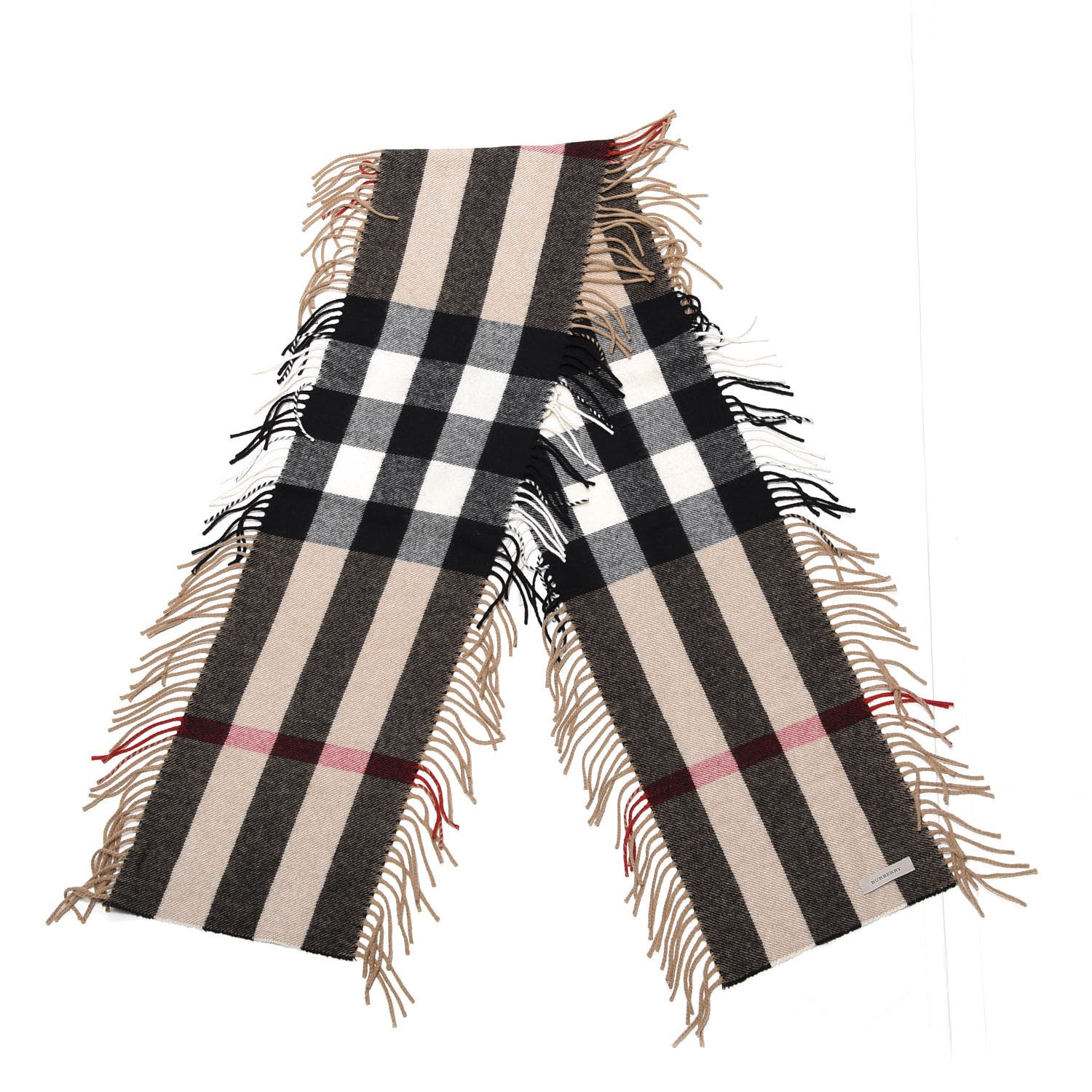 Burberry Wool Cashmere Half Mega Check Happy Fringe Scarf Camel 2 of 4