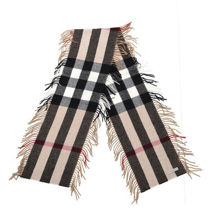 Burberry Wool Cashmere Half Mega Check Happy Fringe Scarf Camel 2 of 4