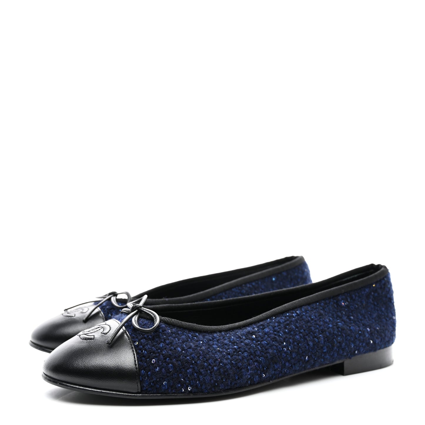 Tweed Lambskin Cap Toe Ballerina Flats 41 Navy Blue Black