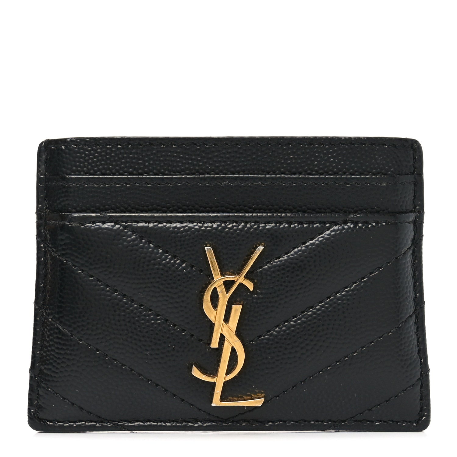 Saint Laurent Grain De Poudre Matelasse Chevron Monogram Credit Card Case Black 1 of 8